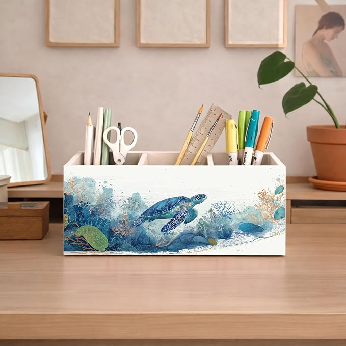 Sea Turtle Desk Organizer Wooden Pen Pencil Holder for Desk, 3 Compartments Ocean Themed Accessories, Coastal Turtle Lover Decor for Home Office Table Storage