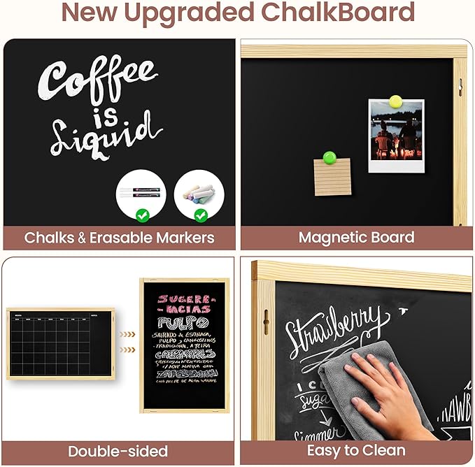 2-in-1 Double-Sided Magnetic Chalkboard 36"x24", Chalk Calendar Board & Large Blackboard for Kitchen & Home Decor, Schedule, Menu, Back-to-School Gift - Hanging Chalk Board with 2 Liquid Pens, Wood