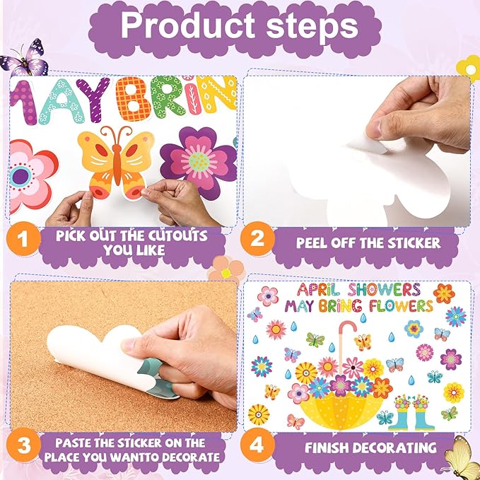Qyeahkj April Showers Bring May Flowers Decorations Set Spring Theme Flower Bulletin Board Cutouts Colorful Paper Cut Outs for Easter Spring School Classroom Whiteboard Home Party Decor Supplies