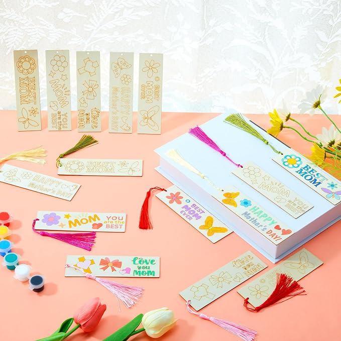 AmazingSpark 100 Pcs Mother's Day Wooden Bookmarks, 50 Set DIY Craft Kit with Tassels, Blank Coloring Bookmarks for Mom Grandma Gifts, Classroom Activity, Party Favor