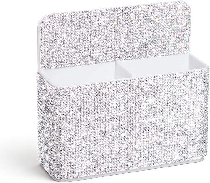 MotiMind White Locker Accessories for Girls, Bling Magnetic Pen Holder for Refrigerator, Back to School Rhinestone Marker Holder for Locker, Sparkly Gift for Student (Medium,Rhinestone)