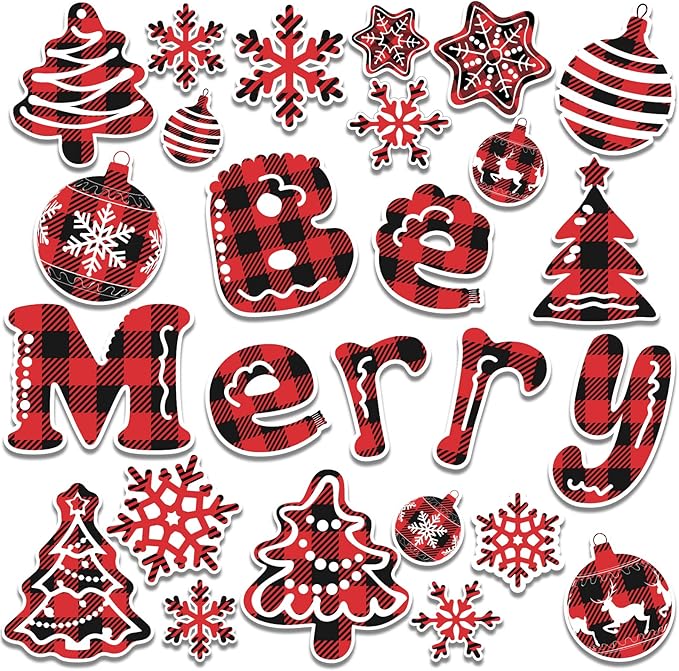 Christmas Buffalo Plaid Cutouts Holiday Red Black Buffalo Plaid Classroom Bulletin Board Decorations Be Merry Winter Snowflake Themed Birthday Party Supplies for Toddler Kids Students Classroom