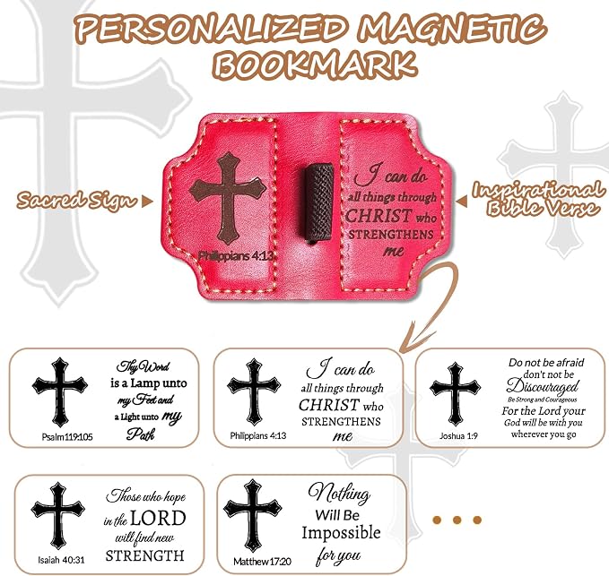 Bygone Mark Personalized Magnetic Leather Bookmark with Pen Holder,Inspirational Bible Verse Religious Bookmarks,Christian Book Lovers Reading Accessory for Men Women (RED, Philippians 4:13)