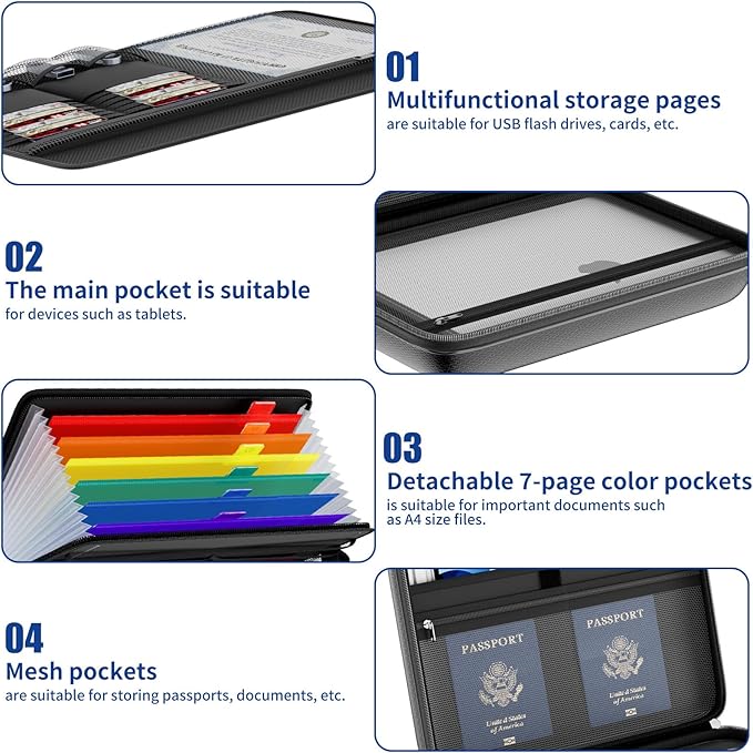 Tamfile Fireproof Document Box with Lock, Hard Case File Organizer with 7-Pocket Accordion Colour File Folder, Portable Safe Storage for Home Office Travel to Important Documents, Laptop, Black