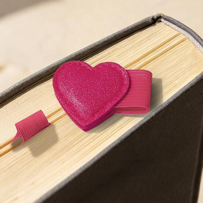 2Pcs Magnetic Leather Heart Bookmarks with Pen Holder, Cute Book Markers Clip with Gift Box, Reading Accessories for Book Lovers Women Teachers Students, Rose Red