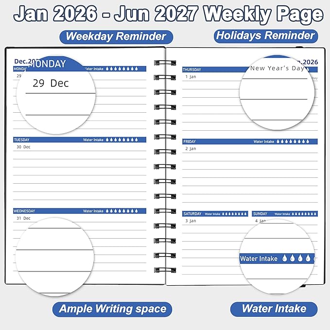 2026-2027 Daily Planner, Weekly & Monthly Planner from Jan 2026-Jun 2027, 18 Month Academic Calendar with Tabs Stickers, A5 Size, Black