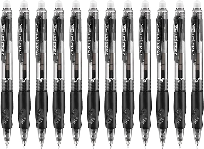 RIANCY 12 Pack Clicker Erasable Gel Pens, Fine Point (0.5mm), Black Ink with Eraser, Make Mistakes Disappear, Soft Grip for Students, Writing, Note Taking, School & Office Supplies