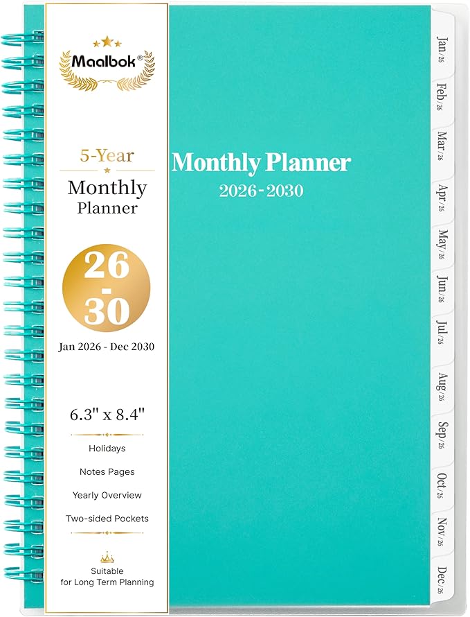 2026-2030 Monthly Planner/Calendar - January 2026 - December 2030, 5 Year Planner with Tabs, 6.4" x 8.5", 60 Monthly Calendar, Two-Side Pocket, 9 Notes Pages, Suitable for Long-Term Planning - Green