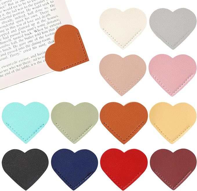 12 PCS Leather Heart Bookmarks Cute Corner Bookmarks Handmade Book Marks Book Accessories for Women Teachers Book Lovers Reading Gifts