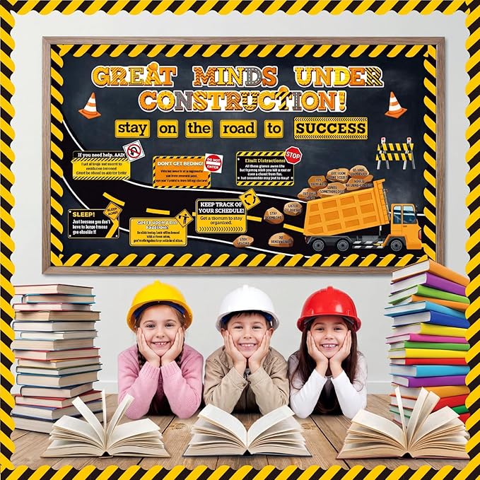 Honoson 48 Pcs Under Construction Bulletin Board Decorations Road to Success Bulletin Boards Construction Inspirational Classroom Decors for Teacher Library Classroom Chalkboard Wall Decor(Dump Truck)