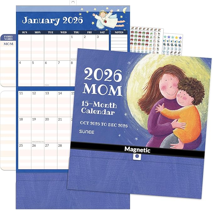 SUNEE Family Wall Calendar 2026 Magnetic Fridge Calendar 15 Months, Oct. 2025 to Dec. 2026, Moms Calendar 2025-2026 Wall Calendar, Family Organizer Sticks to Refrigerator - over 300 Stickers