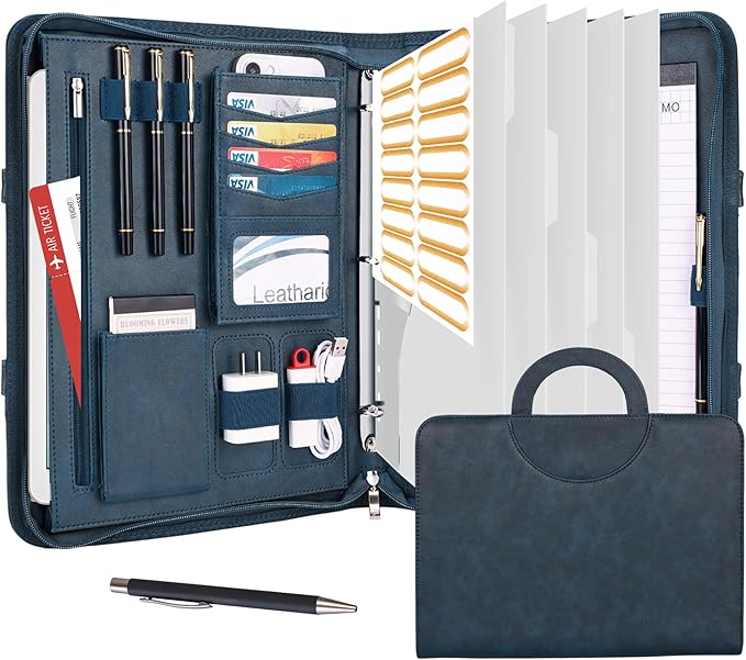 Leathario Portfolio Binder, Includes 5 Folder Index Dividers, 13 Inch Tablets Organizer with Handle, Vegan Leather A4 Padfolio, Multi-Pocket Notepad Business Planner Professional Document