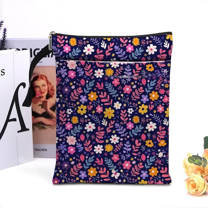 Flower Pattern Book Sleeve,Book Lovers Gifts Waterproof Book Cover for paperbacks with Zipper and Front Pocket Book Pouch for Women Teacher Birthday Graduation Christmas Gifts (Wildflower1602)