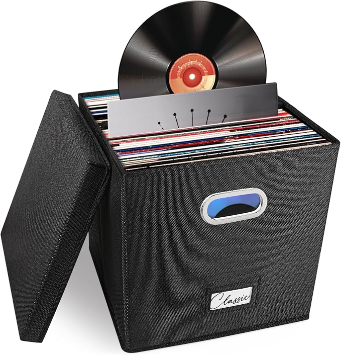 Vinyl Record Storage Box for 50+ Single LPs (12-Inch), Stackable Albums Linen Crate with Lid, Collapsible Play Music Collection Holder, Document File Folder Cabinet Organizer Case with Handle