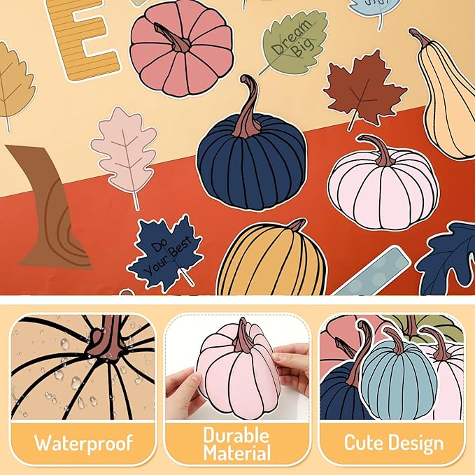 JarThenaAMCS 73Pcs Fall Tree Bulletin Board Decoration Inspirational Boho Colorful Maple Leaf Pumpkin Cutouts for Autumn Thanksgiving Classroom Wall Chalkboard Decor