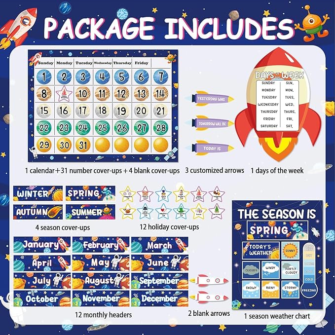 Space Calendar Bulletin Board Set for Classroom Decoration Outer Space Calendar Seasons Weather Chart Rocket Astronaut CTP Bulletin Board Paper-Cuts for Teachers Elementary School Classroom