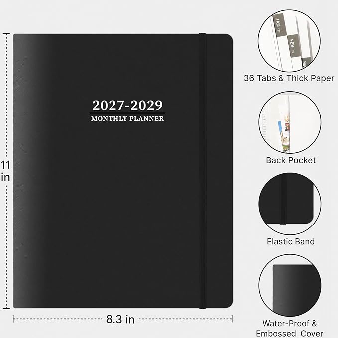 2027-2029 Monthly Planner, 3 Year Calendar Planner, Jan 2027 - Dec 2029, 8.3'' x 11'', 36 Months, Embossed Cover, with Printed Tabs ＆Pocket, Elastic Closure, Organizer for Office Home School, Black