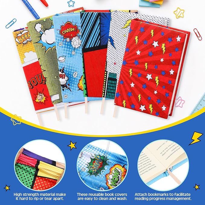 Gilprop 6 Pack Jumbo Stretchable Book Covers, Colorful Covers for Textbook Protection and Care, Washable Reusable Protective for Paperbacks Hardcover Books (City,Red,9-11inch)