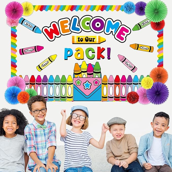 Justforjoyful Welcome to Our Pack Bulletin Board Decorations with 3D Tissue Paper Flowers Paper Fan Back to School Crayon Classroom Bulletin Board Border Set Colorful Crayon Name Tags School Supplies