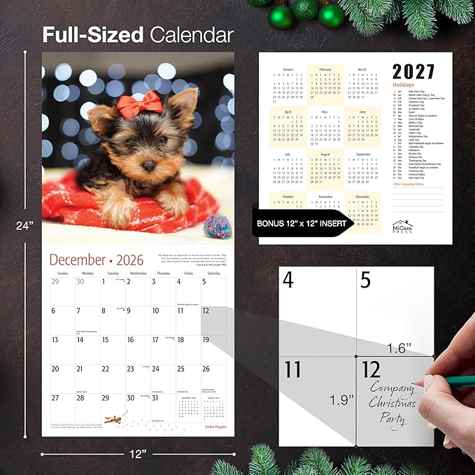 MICASA PRESS Yorkie Puppies Yorkshire Terriers 2026 Wall Calendar 12 Month | 12" x 24" Open | Thick & Sturdy Paper |Giftable | Cute Puppy Dog Calendar 2026