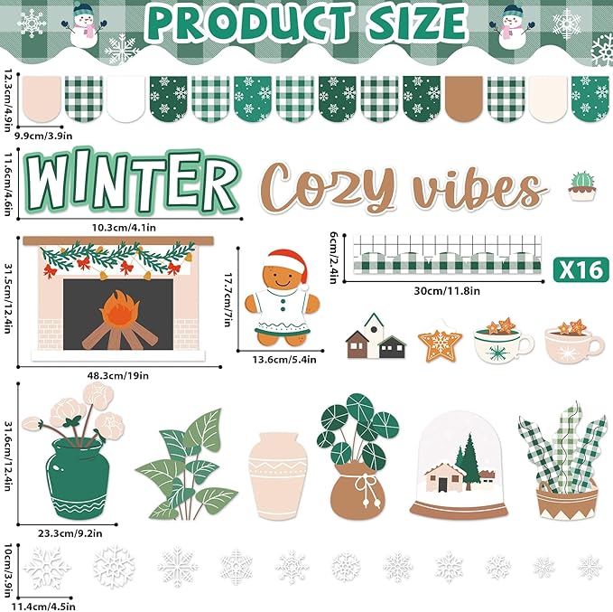 Justforjoyful Christmas Bulletin Board Decorations Winter Fireplace Cutouts Snowflake Gingerbread Bulletin Board Set Xmas Tree Plant Classroom Decor for Holiday Home School Wall Christmas Party Supply