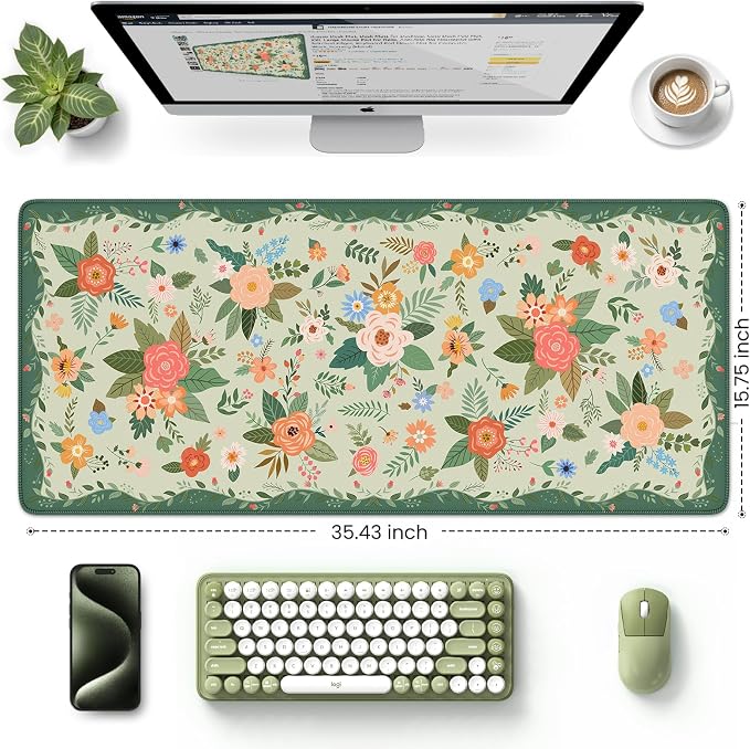 HAOCOO Cute Green Desk Mat, Floral Keyboard & Mouse Pad for Office/School/Home, Waterproof Large Desktop Mat, Non-Slip Cubicle Decor with Stitched Edge, Desk Pad Protector Girly Supplies