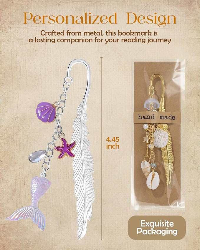 Buleens 2 Pack Bookmarks for Women Reading - Book Marks for Readers Book Lovers, Cute Sliver Ocean Seashell Personalized Metal Bookmark with Pendants, Pretty Aesthetic Book Accessories Reading Gifts