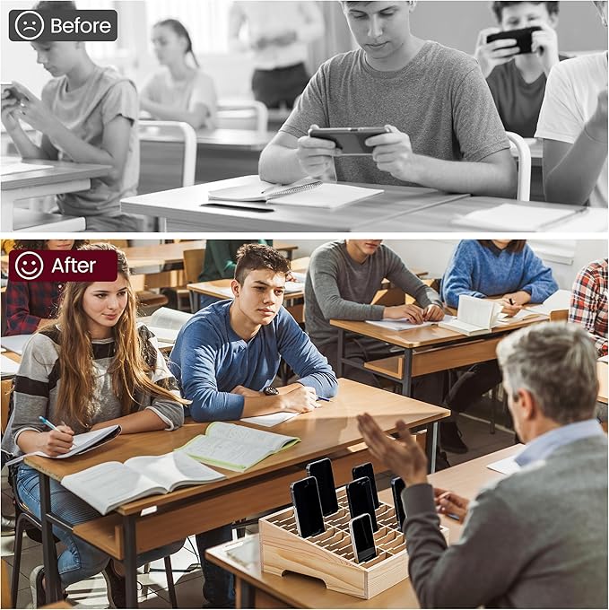 Classroom Cell Phone Holder, Fully Assembled 36 Grid Cellphone Storage Box for Student Management, Wooden Calculator Organizer Caddy for School Office