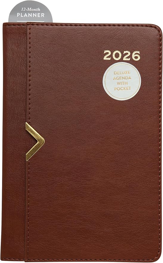 WORLD TRAVELER 2026 Planner - 6x8 Inch Weekly and Monthly Calendar Planner Agenda Book with Bookmark & Ribbon for School and Office, Size 6X8, Bown Leather
