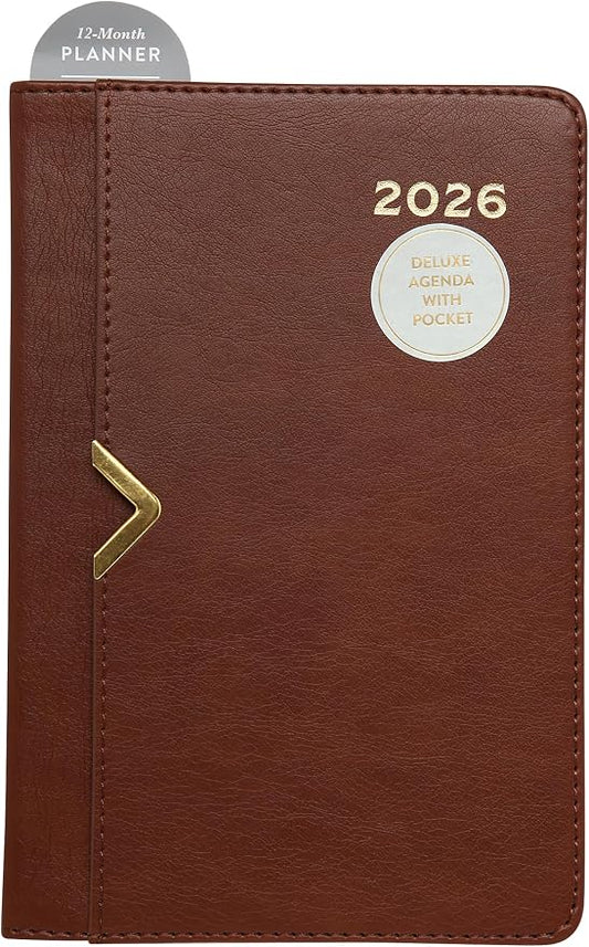 WORLD TRAVELER 2026 Planner - 6x8 Inch Weekly and Monthly Calendar Planner Agenda Book with Bookmark & Ribbon for School and Office, Size 6X8, Bown Leather