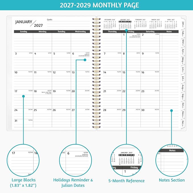 Monthly Planner 2027-2029, 36 Months Calendar Planner 2027-2029 from Jan 2027 – Dec 2029, 8.5'' x 11'' with Ruled Spread, Flexible Cover, Spiral Wirebound, Pocket, Coated Tabs, Notes ＆ Habit Tracker