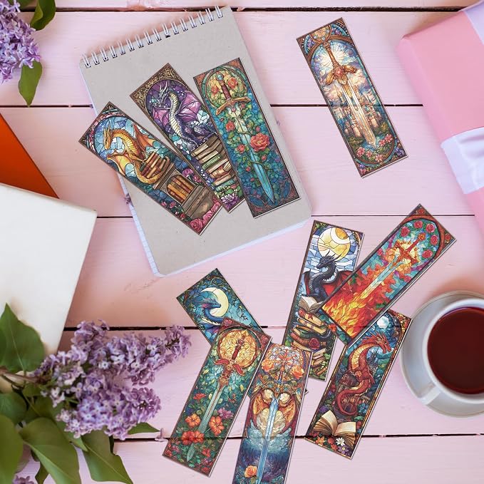 Sword Dragon Bookmark Gifts - 10 Pcs Stained Glass Sword Transparent Bookmark Fantasy Dragon Flower Book Mark Page Clips Gifts for Women Men Book Lovers Teacher Student Bookish Reader