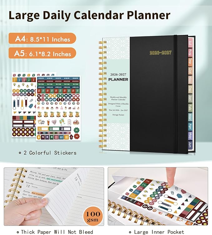 Academic Planner 2026-2027, Weekly and Monthly Calendar Planner from July 2026 - June 2027, 6.1" x 8.2" A5 Large Daily Agenda Book with Tabs, Flexible Cover, College School Organizer for Student Teacher, Black