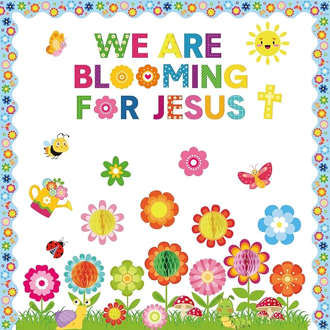 Pajean Spring Christian Bulletin Board Sets Classroom Decor, We are Blooming for Jesus Religious Cutouts 3D Flower Honeycomb Cross Borders, Sunday School Church Wall Door Decoration Office Supplies