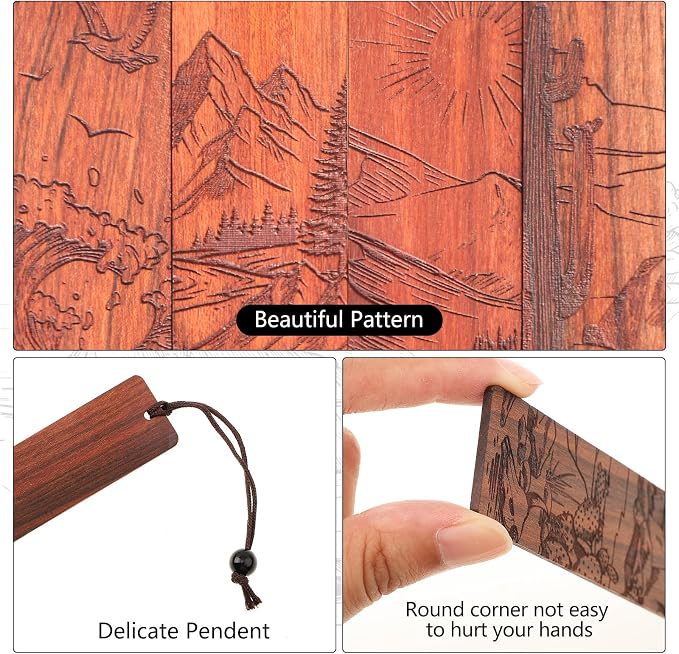 4Pcs Wood Bookmark for Men Father's Day, Adventure Scenery Wooden Carving Book Mark Gift for Men Boy Book Lovers