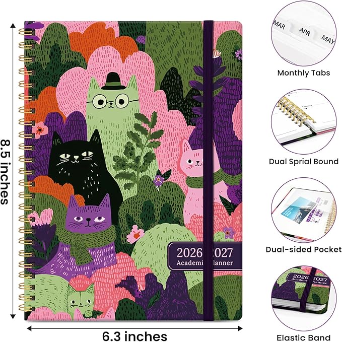 2026–2027 Academic Planner, Weekly and Monthly Planner for Women, July 2026 - June 2027, Pretty Hardcover 2026–2027 Academic Planner with Tabs, Inner Pocket, Spiral Bound, Perfect Office Home School Supplies - 6.3" x 8.5", Feline Grove