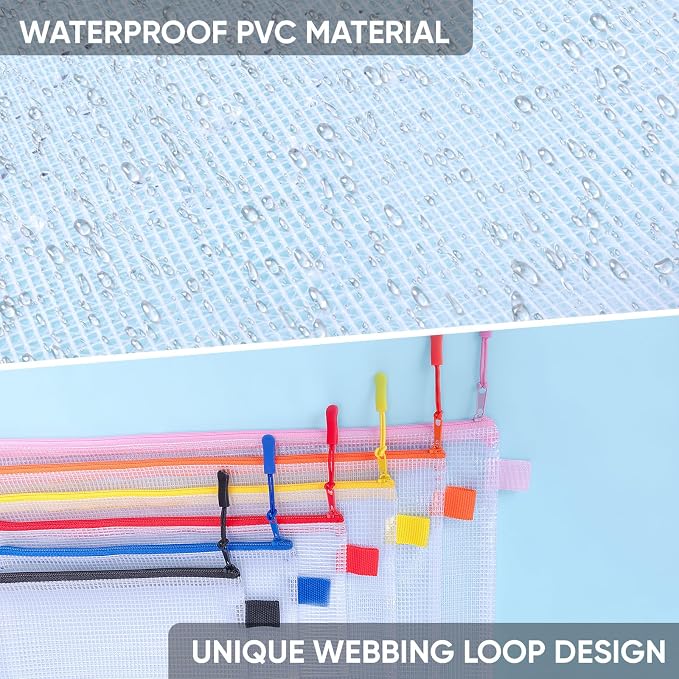 BALEINE 10PK Mesh Zipper Pouch Bags, Waterproof Clear Zipper Bags, Multiple Colors Plastic Mesh Bag File Bag for Organization, Suitable for Office Supplies, Home, Travel (10 PK, Letter Size)