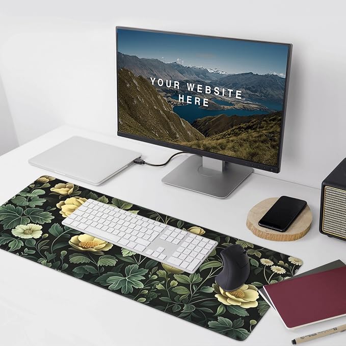 35.4" x 15.7" Dark Botanical Floral Extended Mouse Pad, Vintage Yellow Flower & Green Leaf Desk Mat with Non-Slip Base, Water Resistant for Gaming & Office