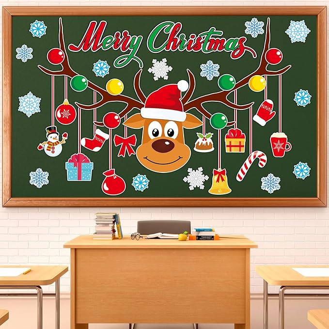 Christmas Bulletin Board Set Classroom Decorations Large Elk Snowflakes Paper Cutouts Merry Christmas Bulletin Boards Xmas Classroom Supplies for Kids Winter School Nursery Home Chalkboard Wall Decor