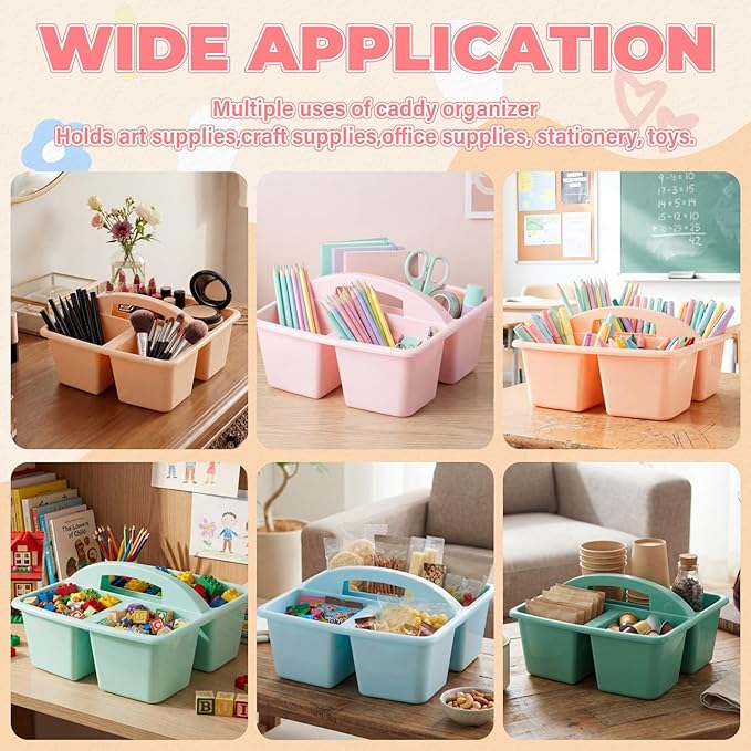 Kathfly 6 Pack Multipurpose Compartment Caddy, Plastic Storage Boxes with Handle, Assorted Colors Table Caddies Organizer for Classroom Office School Home Shower Supplies (Morandi Color)