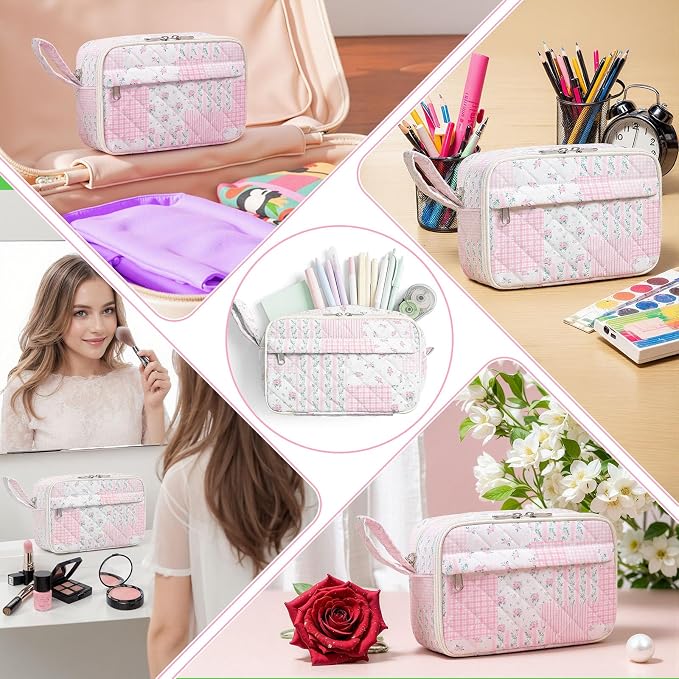 WOBAGMEN Quilted Pencil Pouch for Girls Women, Large Pencil Case Pouch with Compartments Cute Aesthetic Pencil Case Organizer, Floral Pencil Bag for School Supplies (Pink Floral pin)