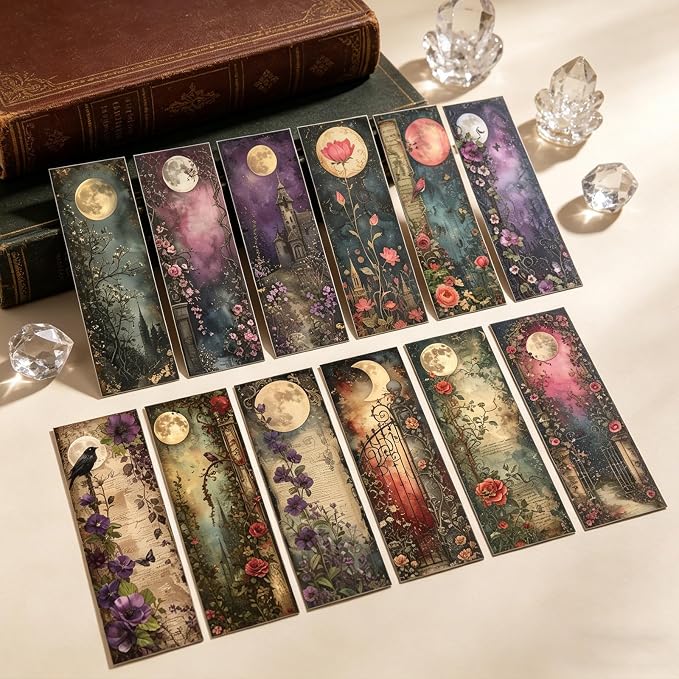 Moonlit Night Garden Bookmarks Gifts - Cosmisun 120 Pcs Fantasy Floral Bookmark Paper Vintage Flower Castle Book Marks Page Marker Clip Favors for Women Men Office Home Book Lovers Reading Supplies