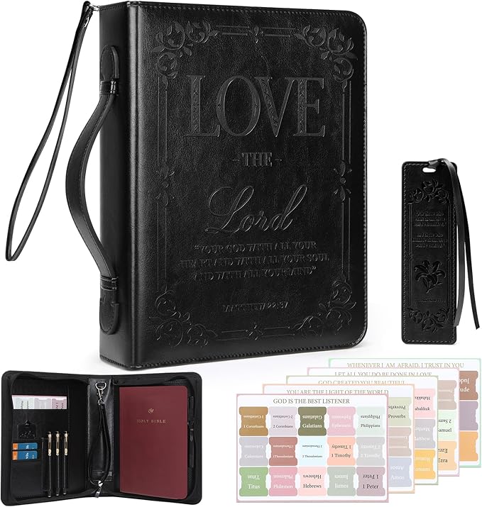 IVGHV Leather Bible Cover for Men, Premium PU Leather Bible Cover Case for Women Large, Church Bag, Carrying Book Case, Bible Book Cover with Handle&Zippered Pocket, Bible Bag for Men & Women (Black)