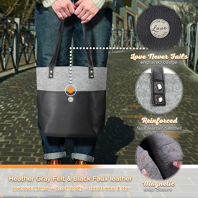 Christian Art Gifts Felt and Faux Leather Fashion Bible Tote Bag for Women: Love Never Fails - 2 Corinthian 13:8 Inspirational Bible Verse, Black and Gray Tote Bag for Travel, Books & School Supplies