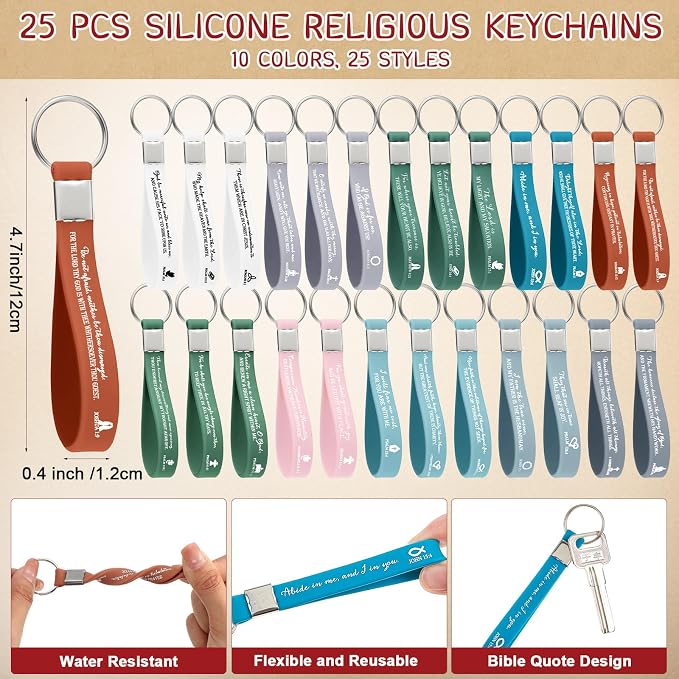 Feifeiya 25 Sets Father's Day Christian Church Gifts Bulk Bible Verse Plastic Gel Pen Religious Silicone Keychains Scripture Bookmarks for Men Women Empowerment Sunday Study Group Gifts(Colorful)