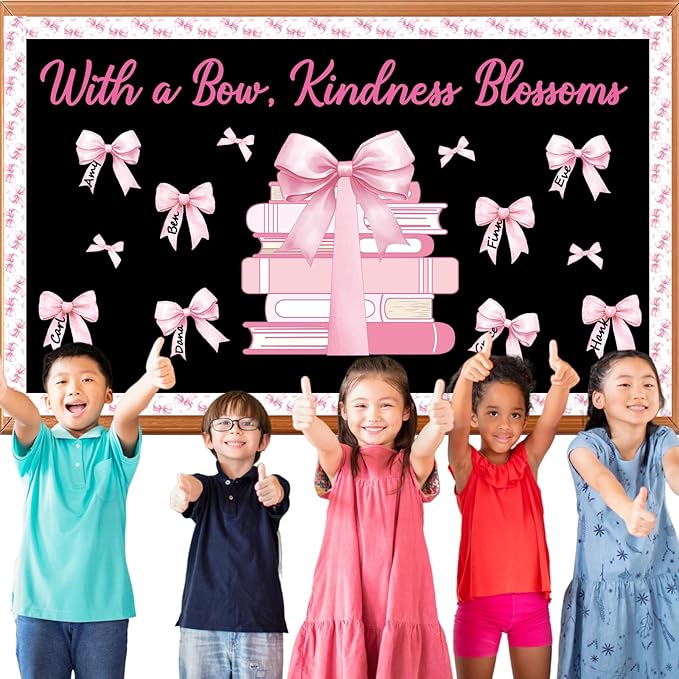 Pink Bow Bulletin Board Set Motivational Kindness Classroom Bulletin Board Decorations Bow Reading Book Cutouts Border Classroom Decorations for Back to School Office Home Chalkboard Decor Wall Door