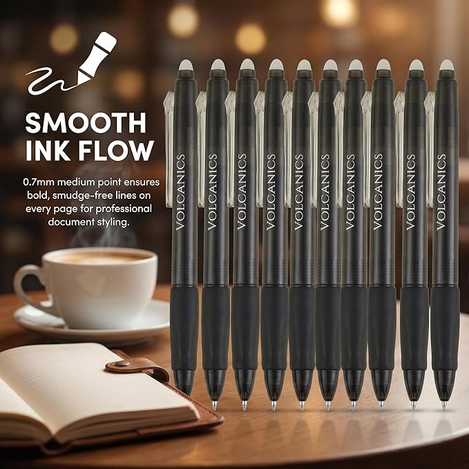 Volcanics Retractable Erasable Gel Pens Soft Black 12 Pack, 0.7mm Click Erasable Gel Ink Pens for Smooth Writing & Easy Erasing, Refillable Erasable Click Pens for School Office Supplies