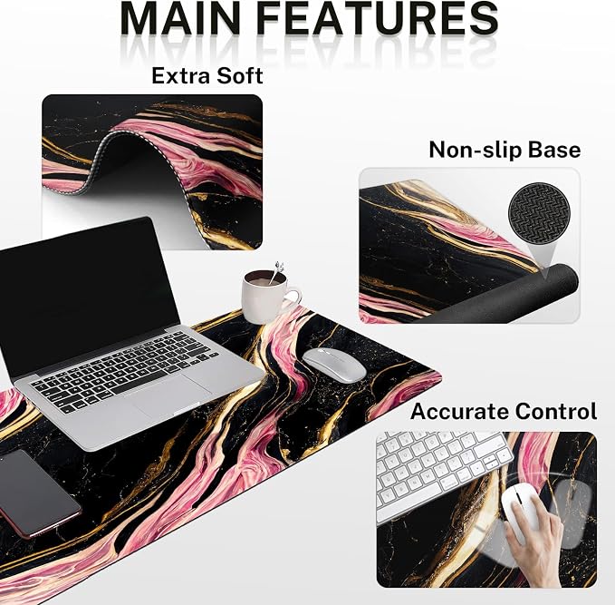 Britimes Pink Black Gold Marble Keyboard Mouse Pad Set 4in1 Large Mousepad+Keyboard Wrist Rest+Mouse Wrist Rest+Coaster Ergonomic Design for Home Office Computer 35.4x15.7 inches