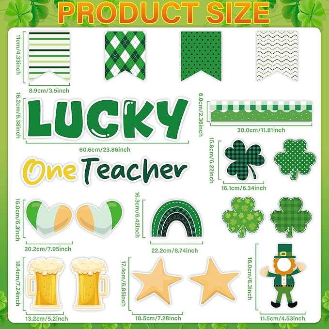 St. Patrick's Day Bulletin Board Classroom Decorations One Lucky Teacher Bulletin Board Set Gnome Shamrock DIY Photo Cutouts for School Nursery Class Door Wall Crafts Decor St. Patrick Party Supplies