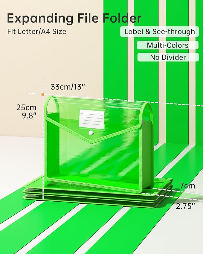 2 Pack Plastic Expanding File Folder, Transparent envelopes with Snap Closure, Fit Letter/A4 Size for School/Office/Home/Hospital, No Dividers, Large Capacity（Green）